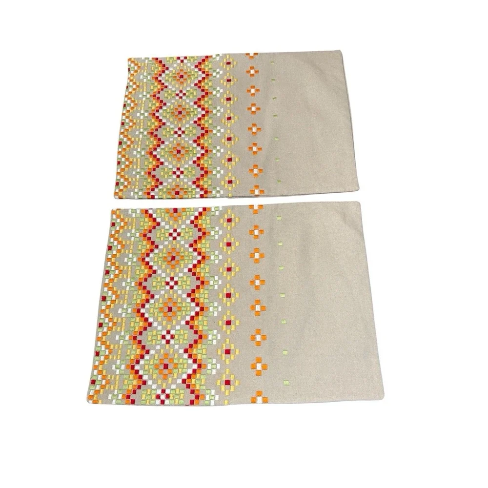 West Elm Throw Pillow Slip Covers Beige Embroidered Wooden Buttons 12x16 Inch‎